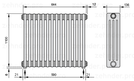 Схема (чертеж) Радиатор Zehnder Charleston 4110/14 №3570 Белый глянцевый RAL 9016